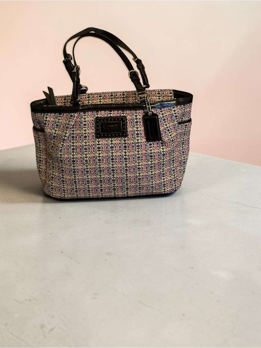 Coach Multicolor Tweed Tote with Black Trim and Handles